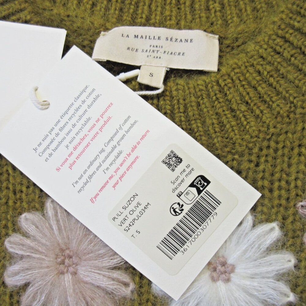 NWT La Maille Sezane Suzon Jumper in Olive Floral Embroidered Sweater S - Picture 6 of 10